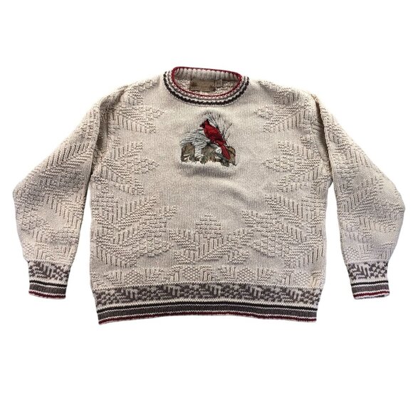 Shenandoah Women's Sweater Medium Embroidered Cardinal Beige Crochet Knit - Picture 2 of 12